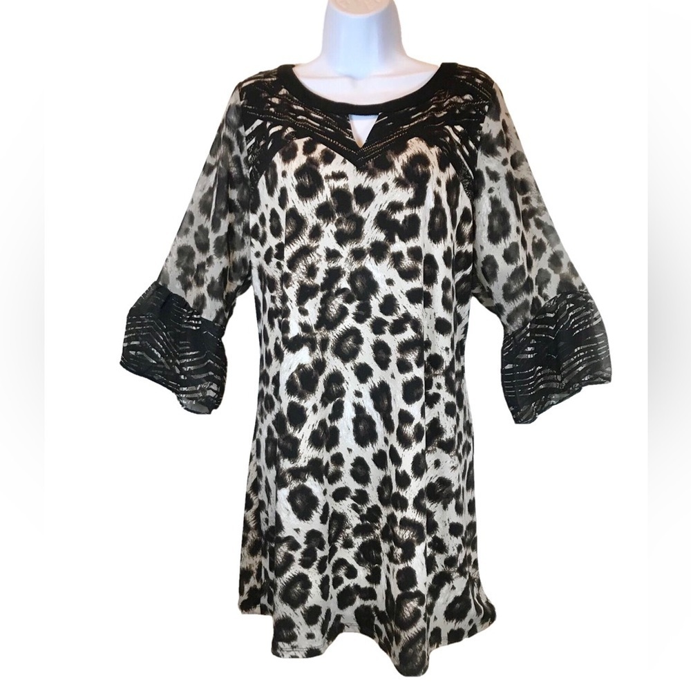 CHEETAH KNIT TUNIC W/ COORDINATING SHEER RUFFLED TRIM SLEEVES, STYLE & CO, SZ XL